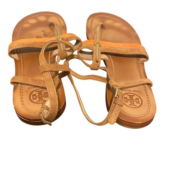 Tory Burch Bar Logo Flat Sandals Coral Tan Suede Size 8.5 Boho Prairie Preppy - Picture 3 of 12